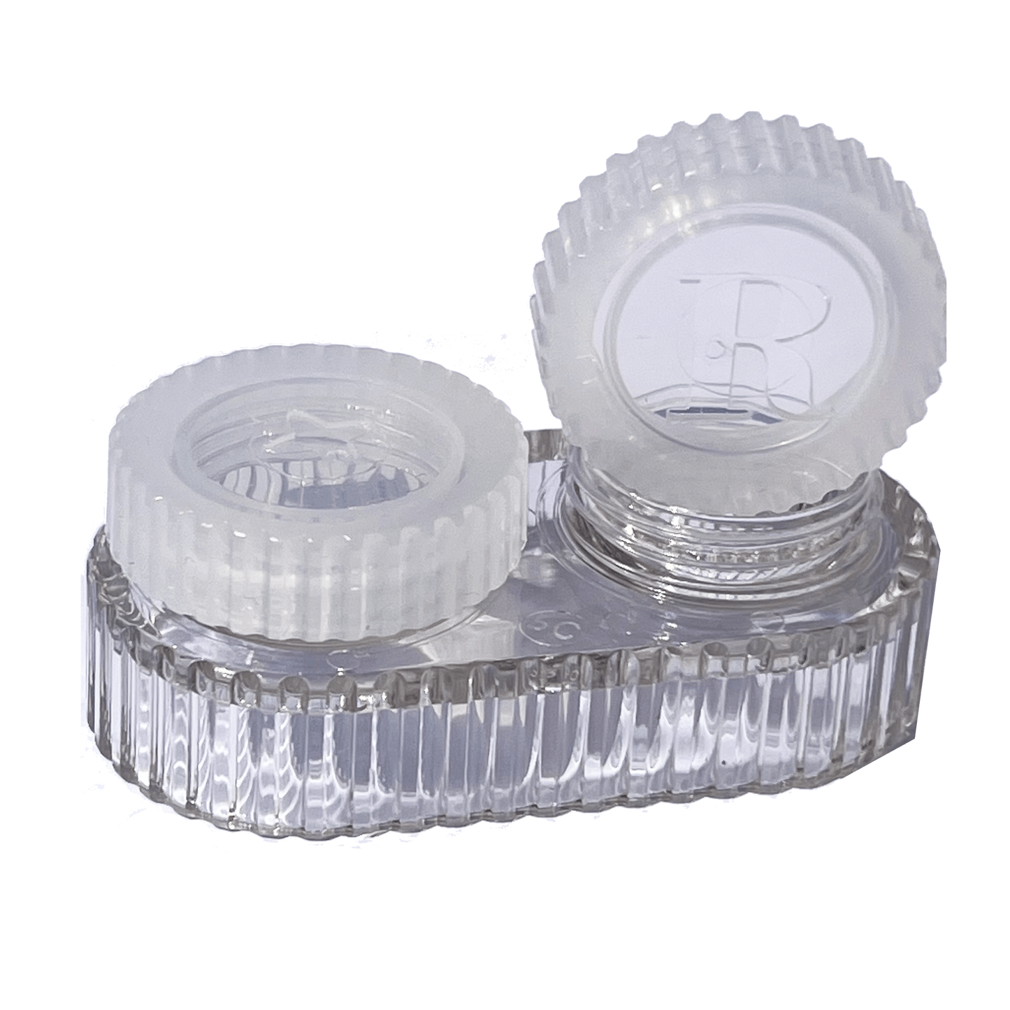 A clear plastic contact lens case