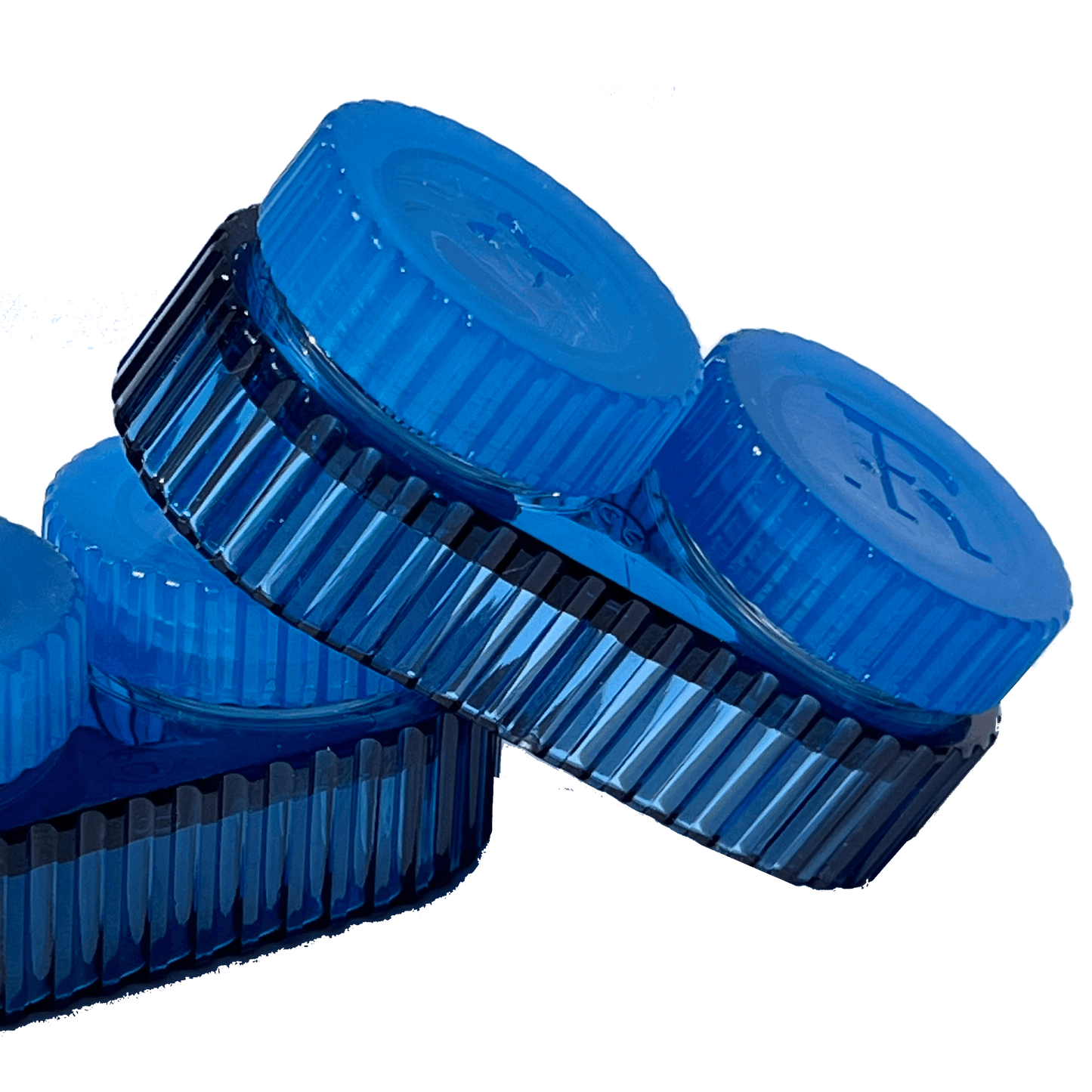 Two blue translucent contact lens cases with ribbed screw-top lids, arranged diagonally against a solid black background.