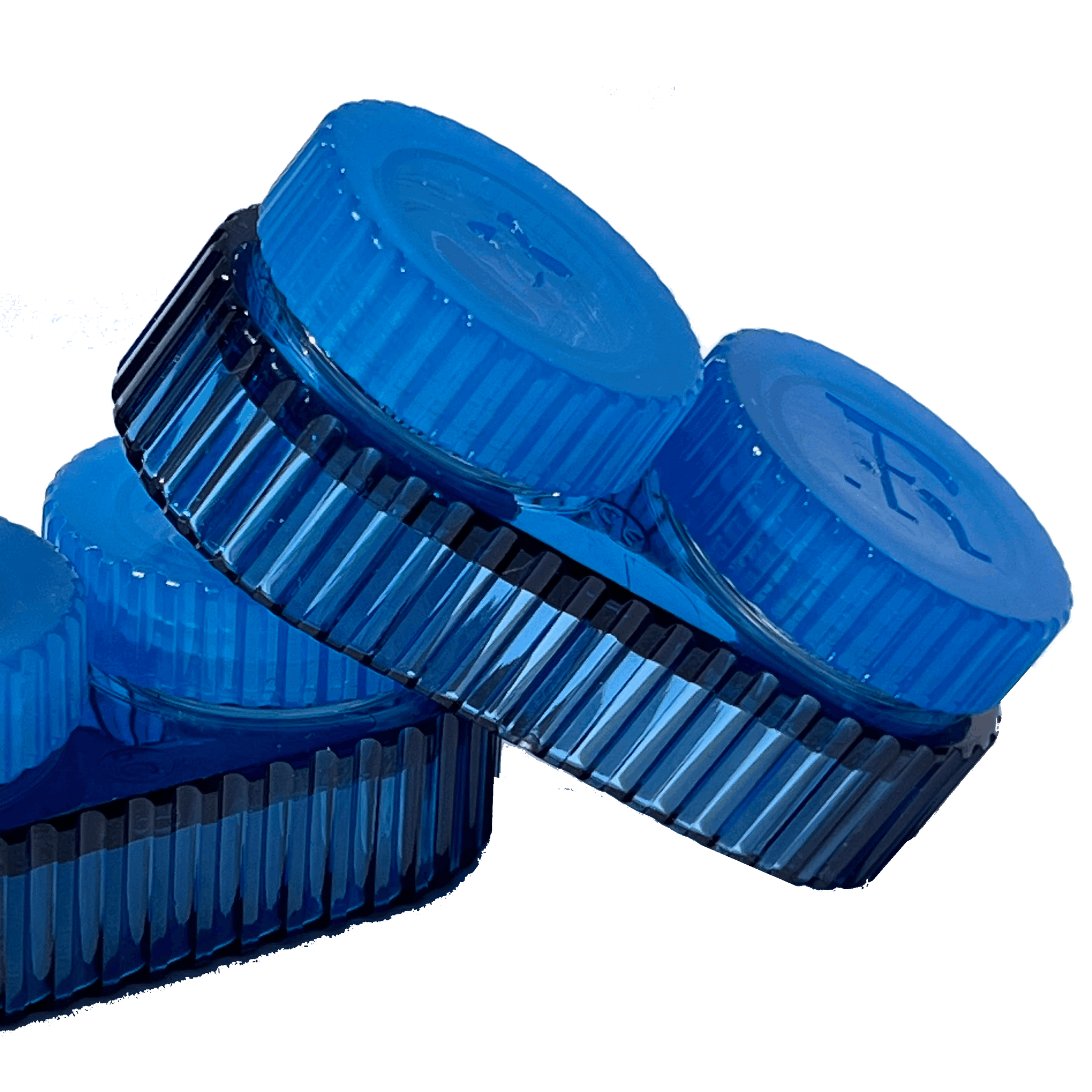 Two blue translucent contact lens cases with ribbed screw-top lids, arranged diagonally against a solid black background.