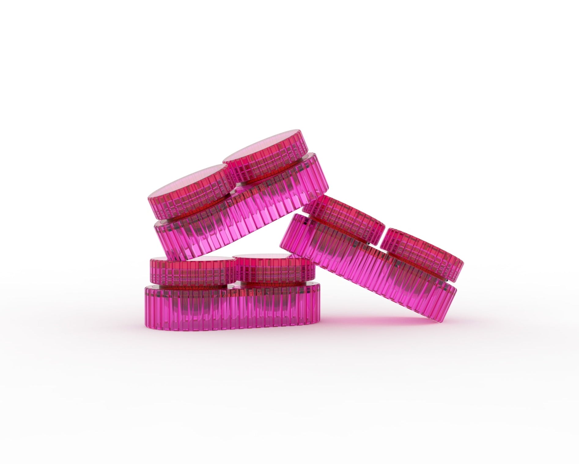 Stack of pink contact lens cases on a white background