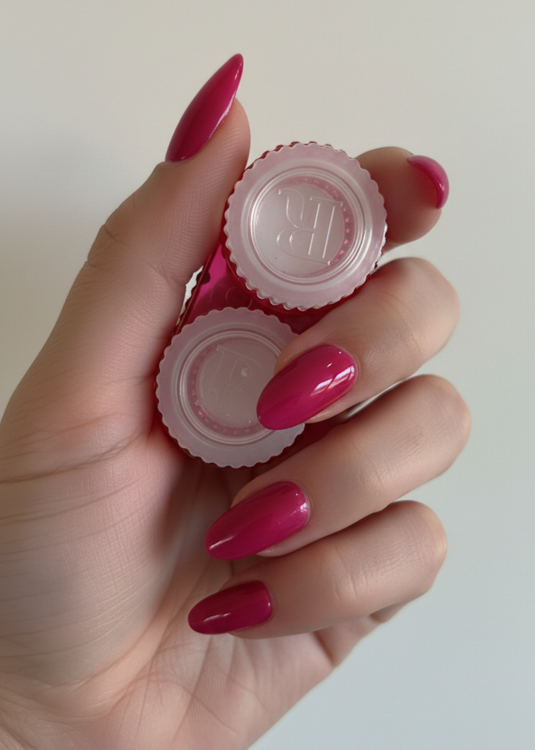 Hand holding one pink contact lens case against a white background