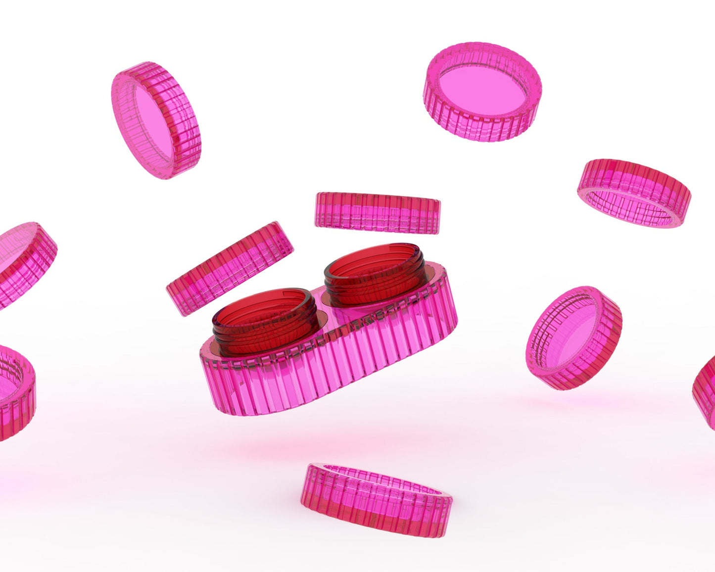 A pink contact lens case with lots of caps flying around