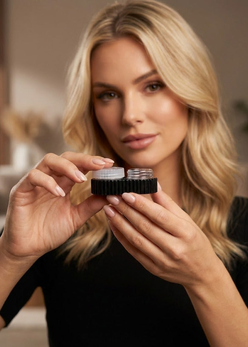 Hot blonde girl holding a black contact lens case