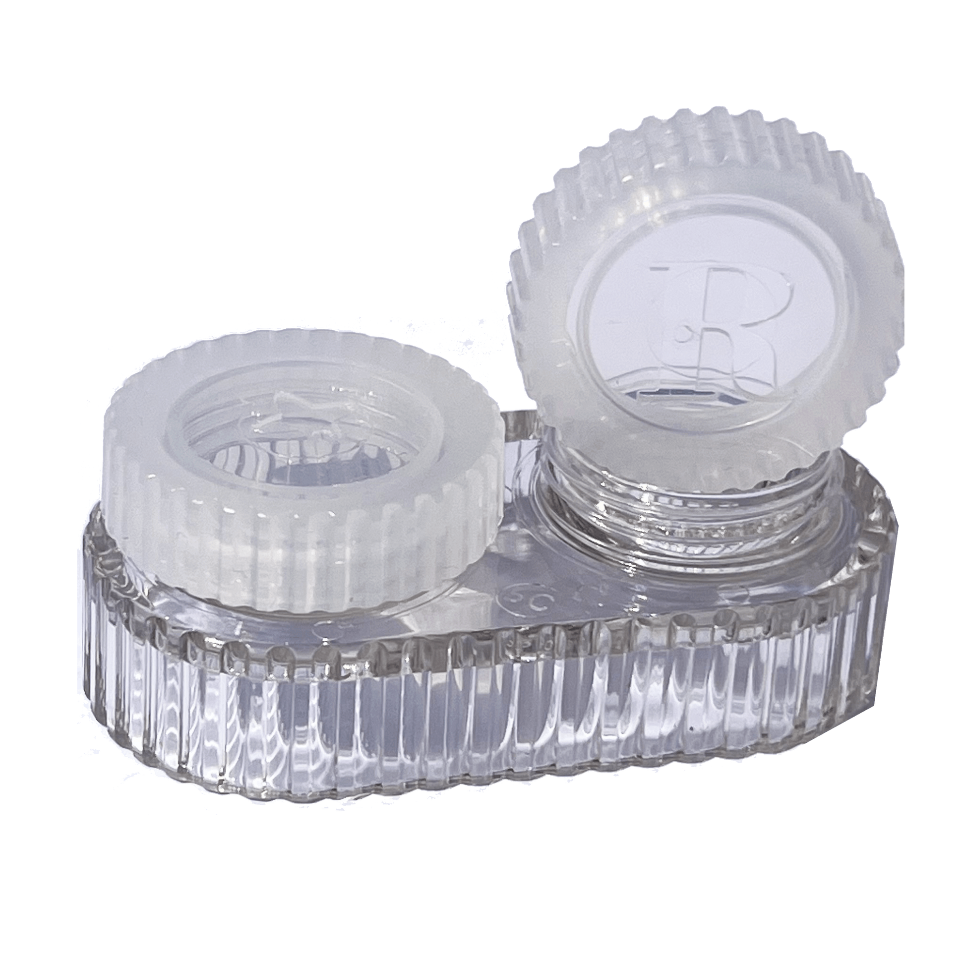 A clear plastic contact lens case